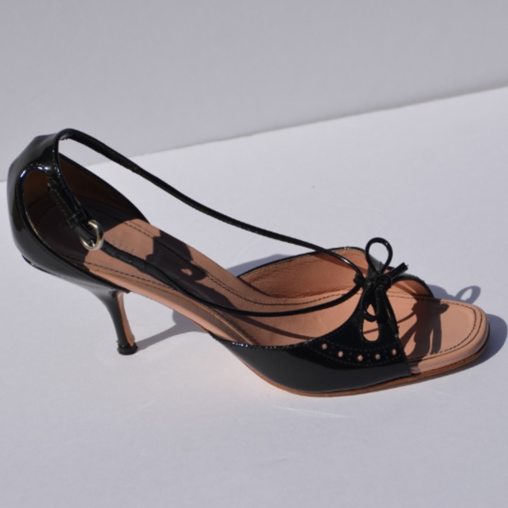 Miu Miu Black Patent Leather Strappy Bow Heels